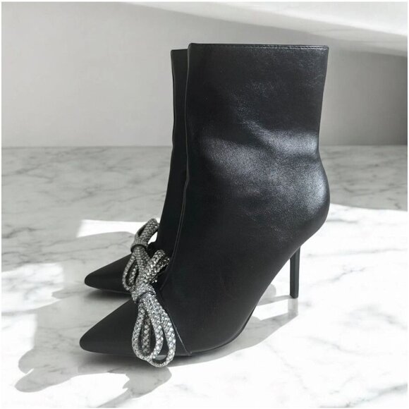 WINDSOR Flora Black Rhinestone Jeweled Bow Heels Boots Size 7 - Picture 1 of 6